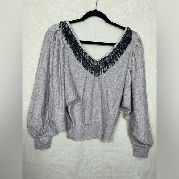 Vintage Joani Rome Gray Sweater balloon sleeves beaded neckline size Medium - Picture 3 of 5